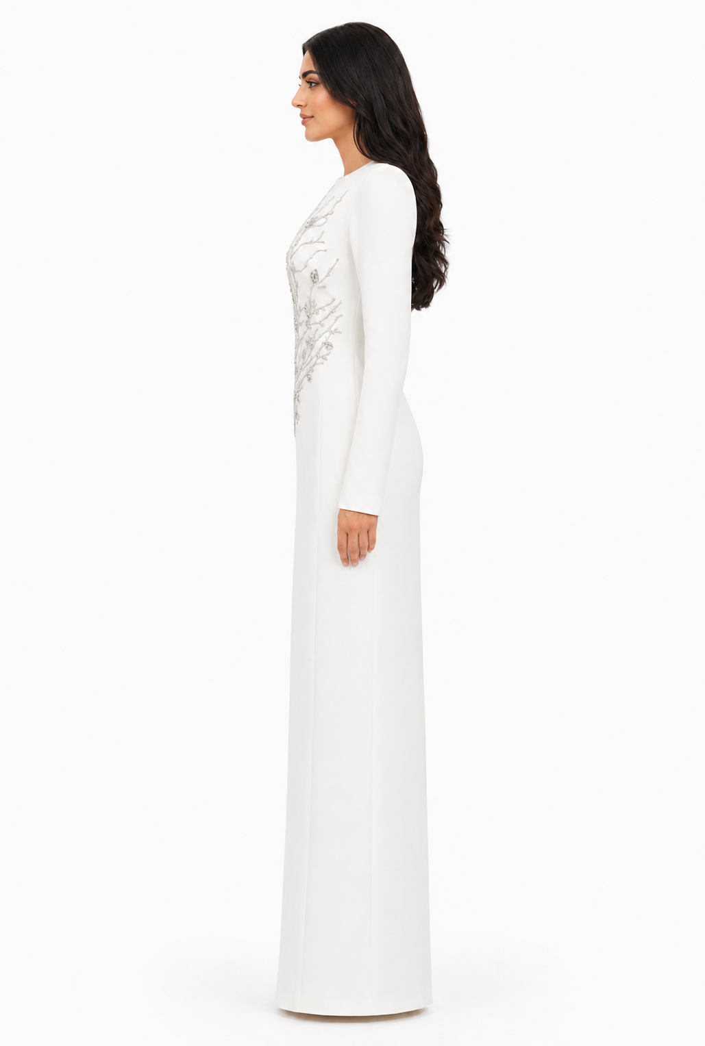 long-sleeve column gown with sequin branch embroidery – AUROZLI