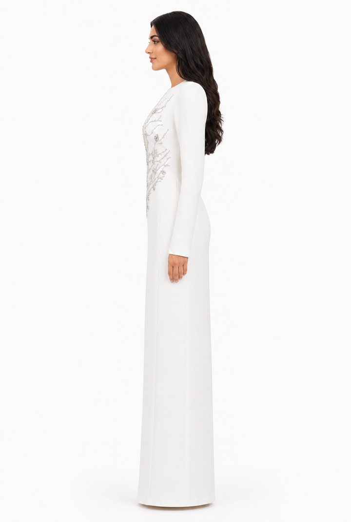 long-sleeve column gown with sequin branch embroidery – AUROZLI