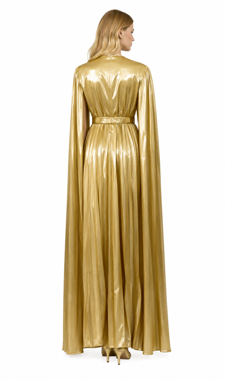 high-neck pleated midi dress with cape sleeves – AURSAL