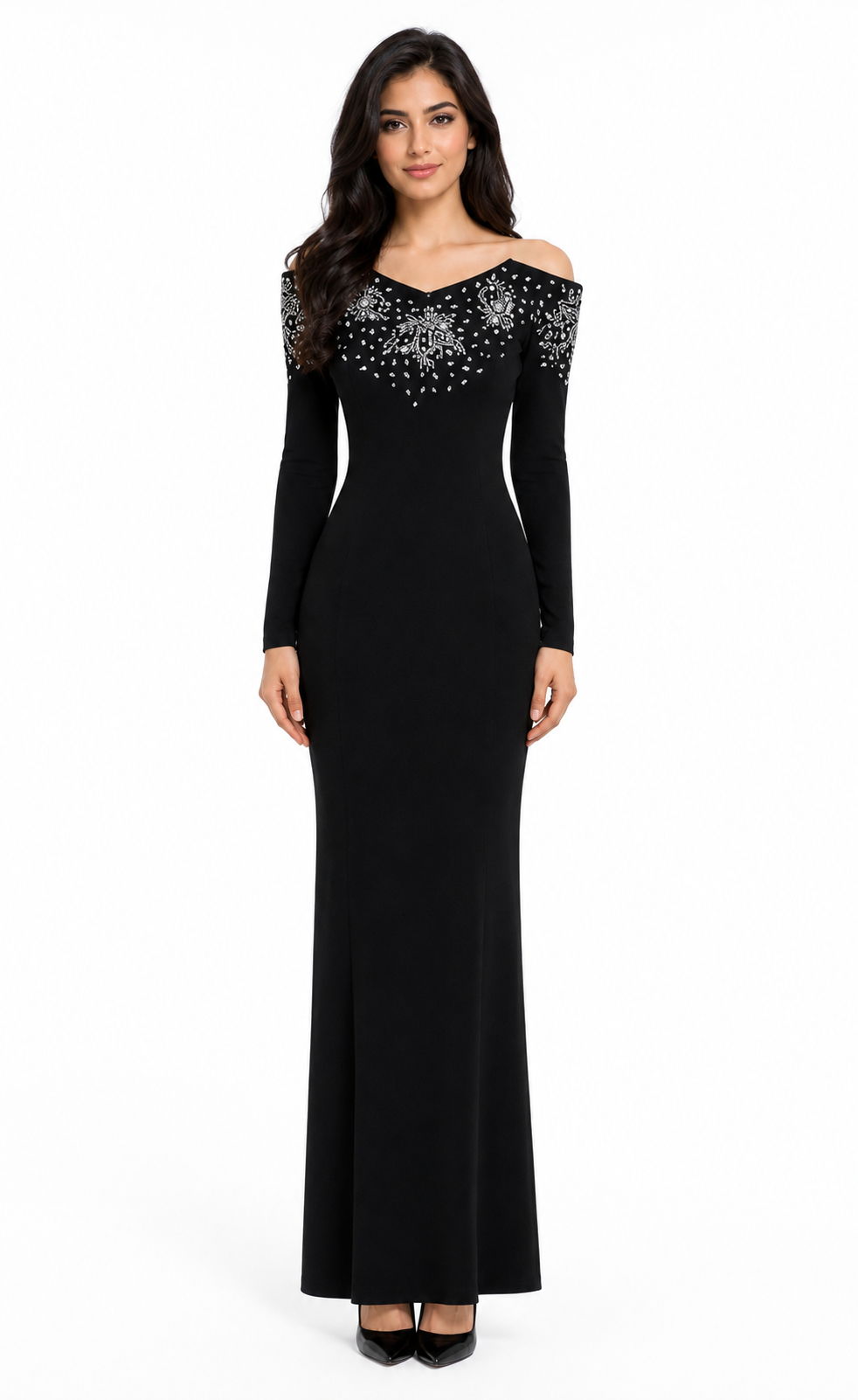 embellished cold-shoulder evening gown with beaded neckline – LYRSA