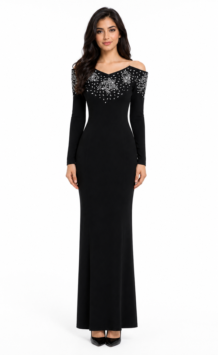 embellished cold-shoulder evening gown with beaded neckline – LYRSA