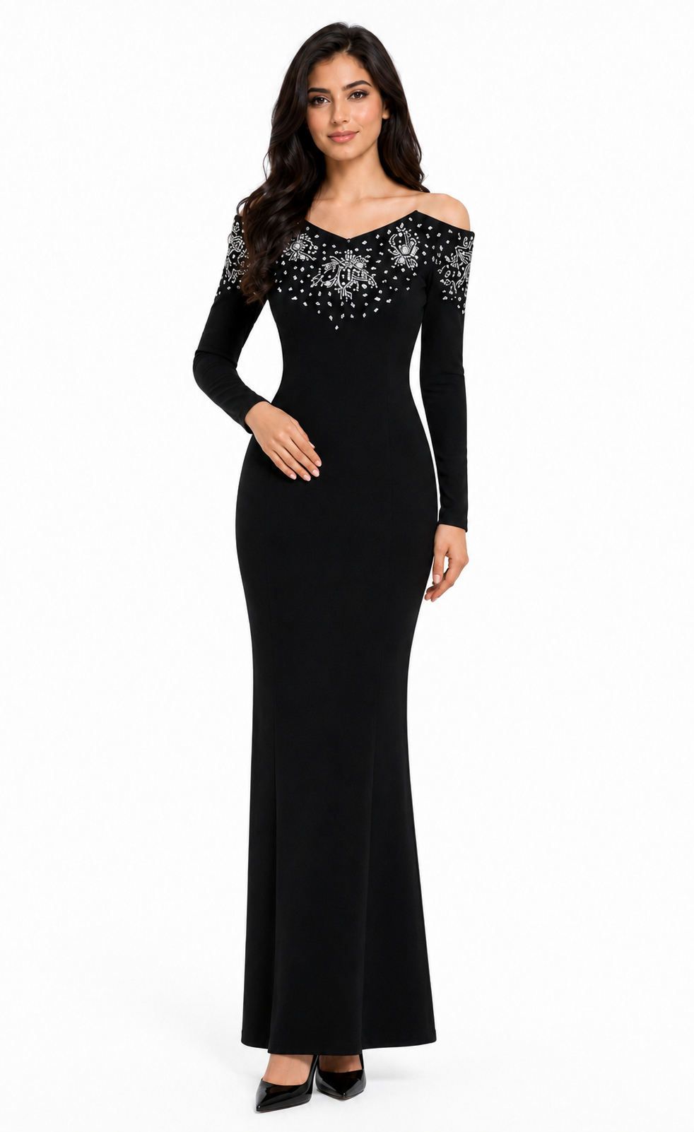 embellished cold-shoulder evening gown with beaded neckline – LYRSA