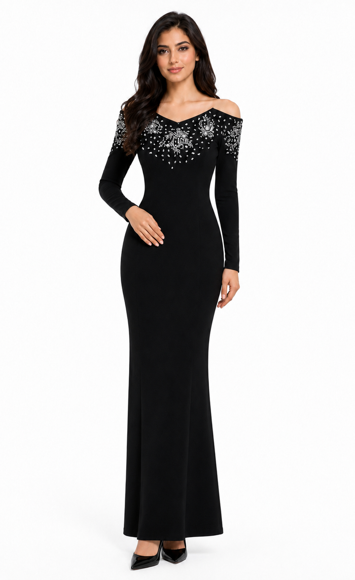embellished cold-shoulder evening gown with beaded neckline – LYRSA