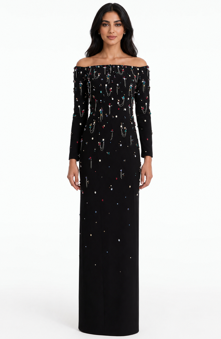 off-shoulder column dress with embellished beads - Haleen
