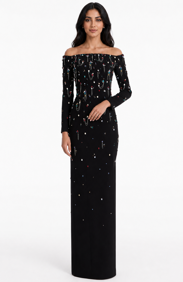 off-shoulder column dress with embellished beads - Haleen