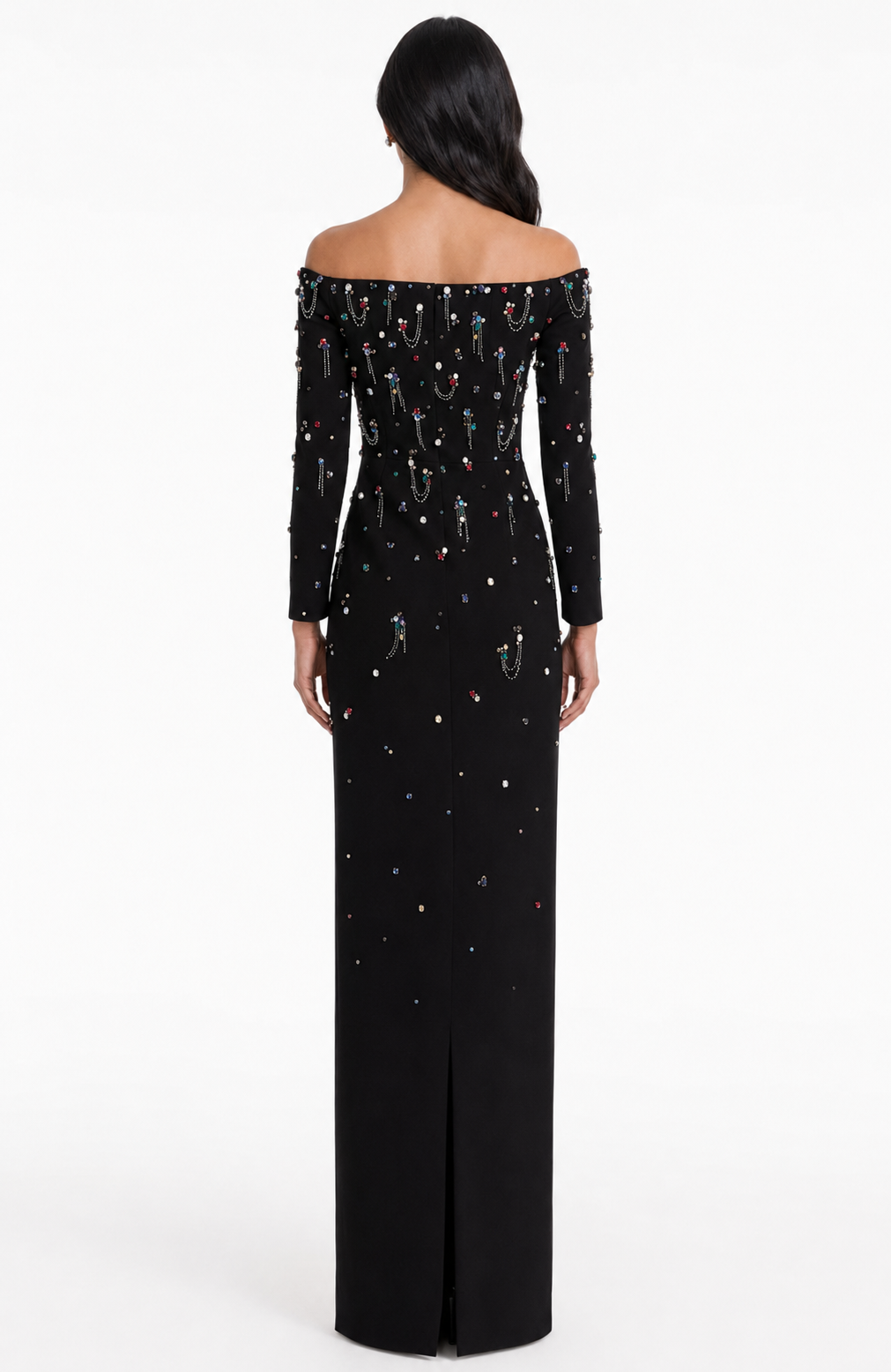 off-shoulder column dress with embellished beads - Haleen