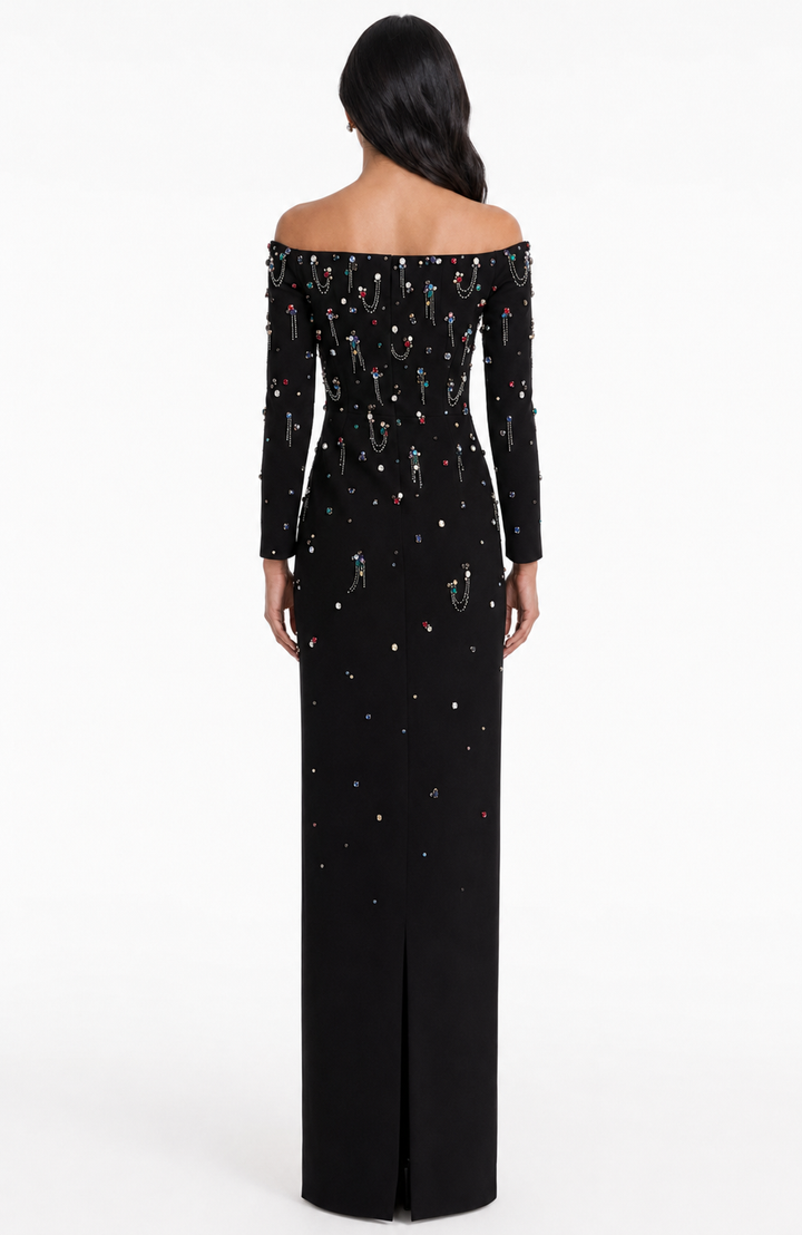 off-shoulder column dress with embellished beads - Haleen