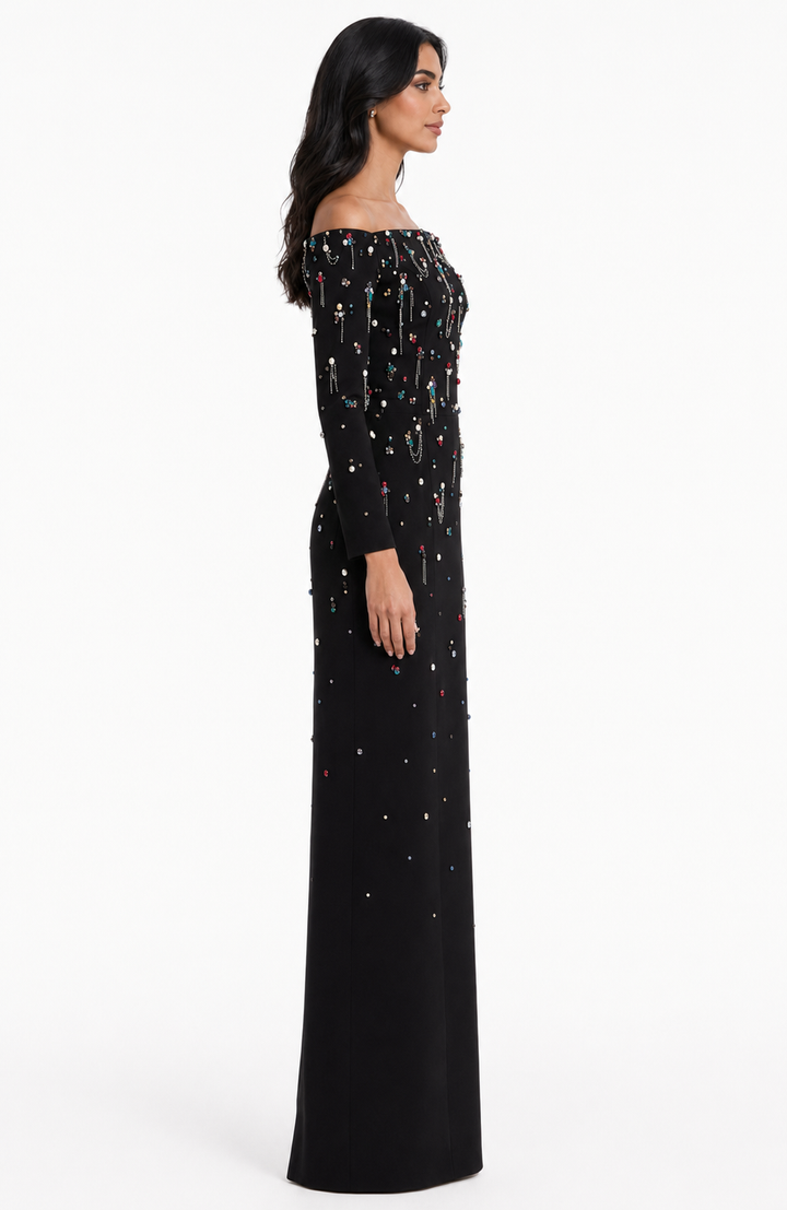 off-shoulder column dress with embellished beads - Haleen