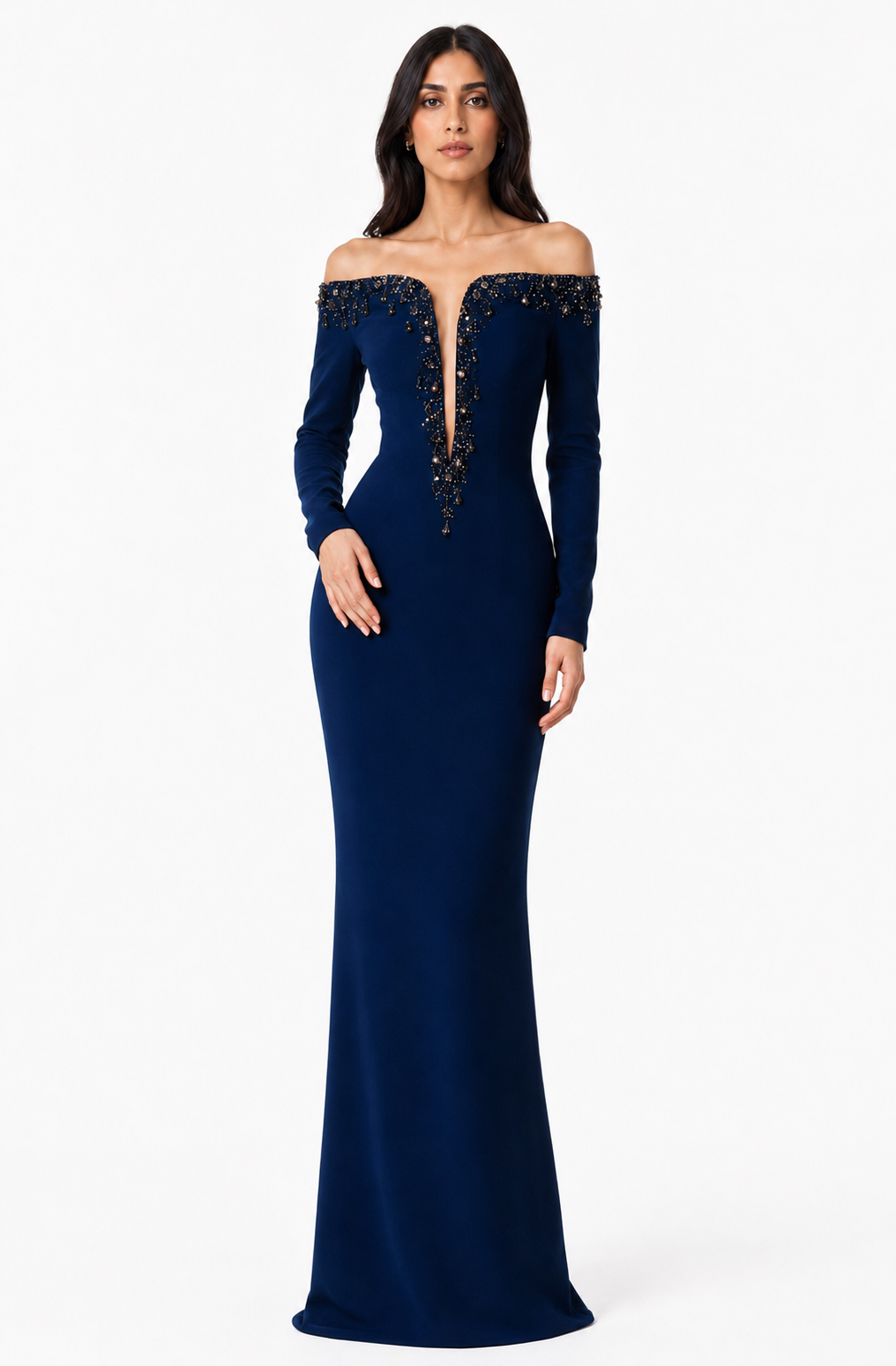 off-shoulder column gown with embellished plunge neckline – CELRA