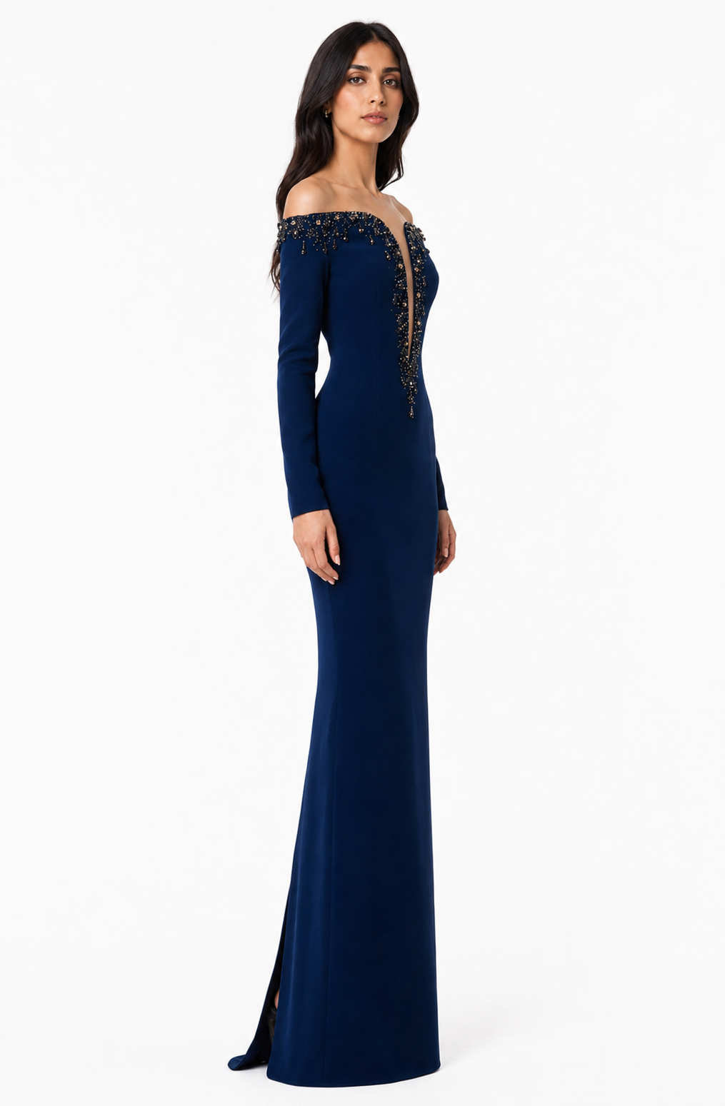 off-shoulder column gown with embellished plunge neckline – CELRA