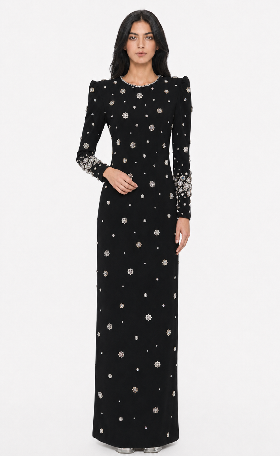 embellished long-sleeve gown with crystal accents – Joreen
