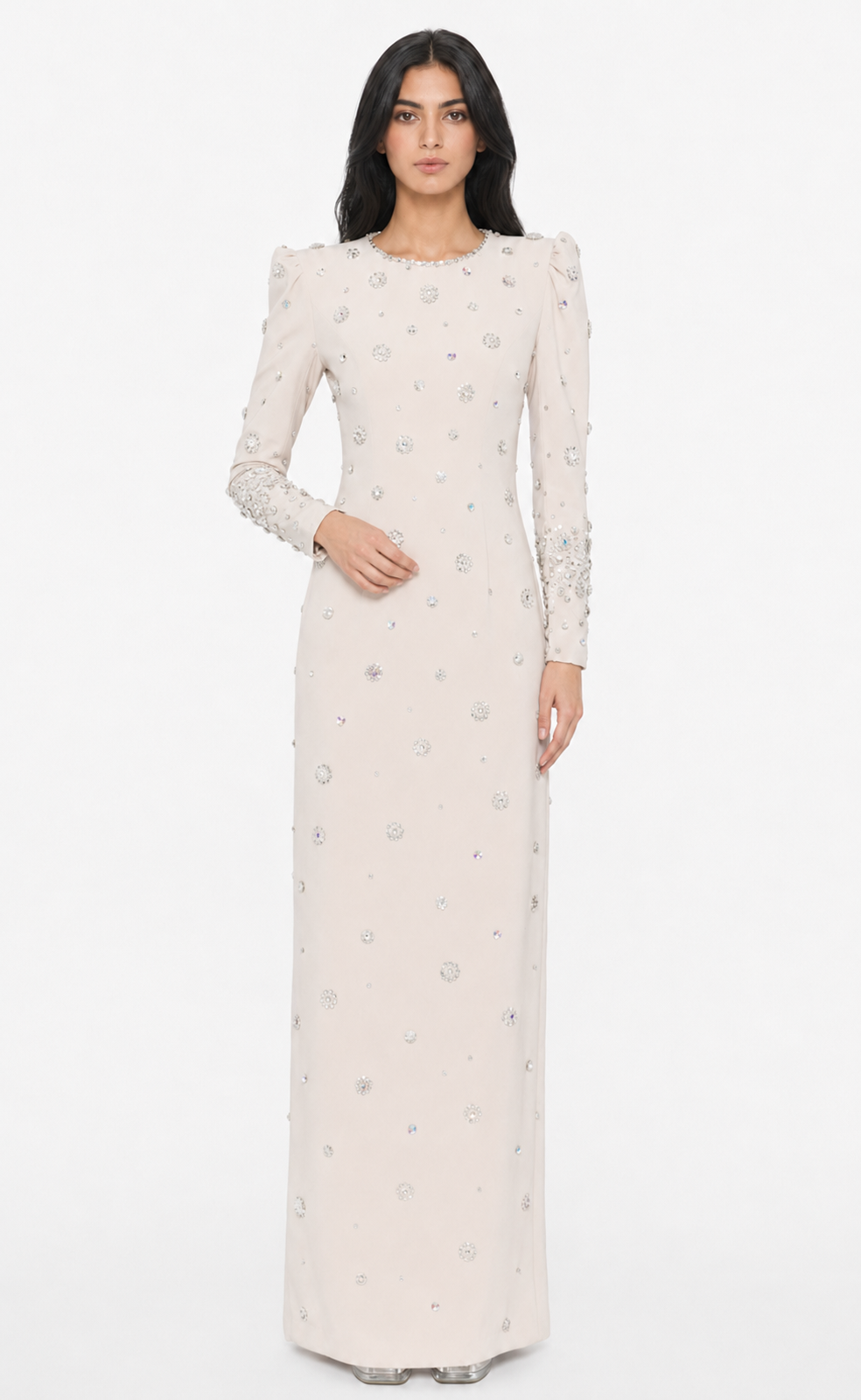 embellished long-sleeve gown with crystal accents – Joreen