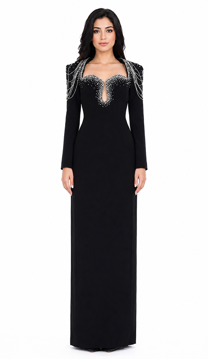 Long-Sleeve Column Dress with Beaded Shoulder Chains - ASTRA