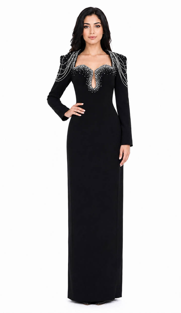 Long-Sleeve Column Dress with Beaded Shoulder Chains - ASTRA