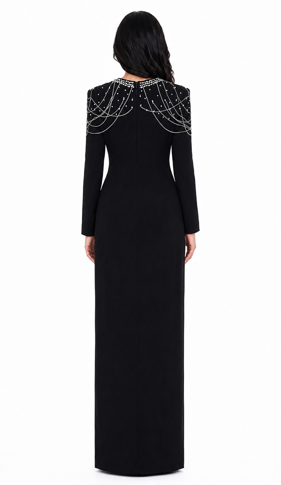 Long-Sleeve Column Dress with Beaded Shoulder Chains - ASTRA