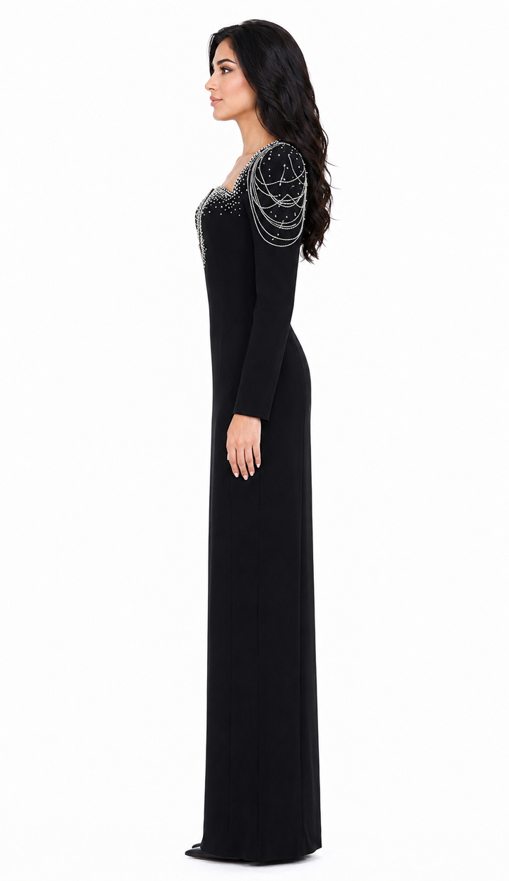 Long-Sleeve Column Dress with Beaded Shoulder Chains - ASTRA