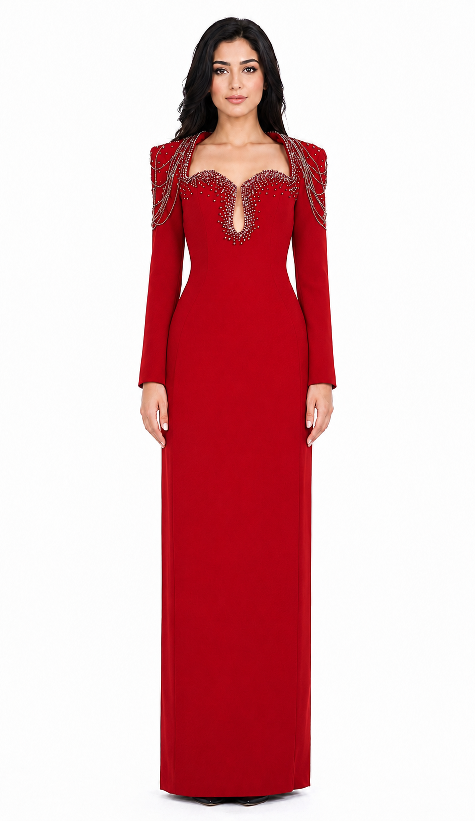 Long-Sleeve Column Dress with Beaded Shoulder Chains - ASTRA