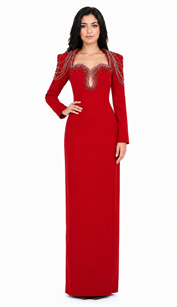 Long-Sleeve Column Dress with Beaded Shoulder Chains - ASTRA