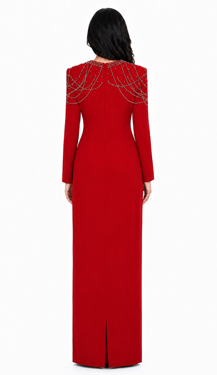 Long-Sleeve Column Dress with Beaded Shoulder Chains - ASTRA