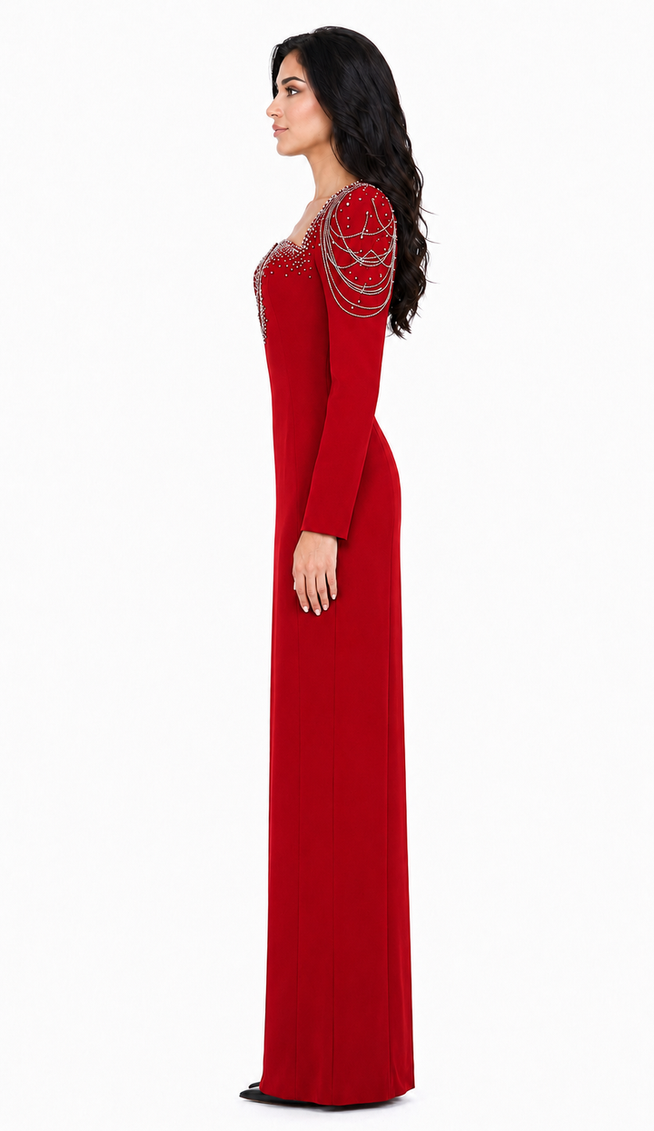 Long-Sleeve Column Dress with Beaded Shoulder Chains - ASTRA