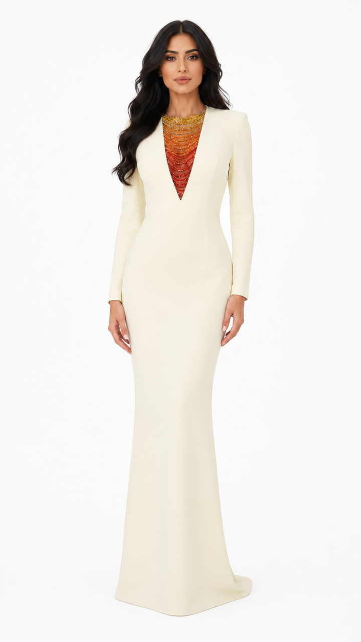 Dreiviertelärmel-Wickelkleid mit Paillettenrevers und Blumenapplikation – ALINA 