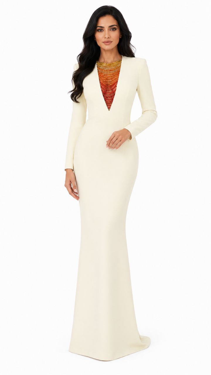 Dreiviertelärmel-Wickelkleid mit Paillettenrevers und Blumenapplikation – ALINA 