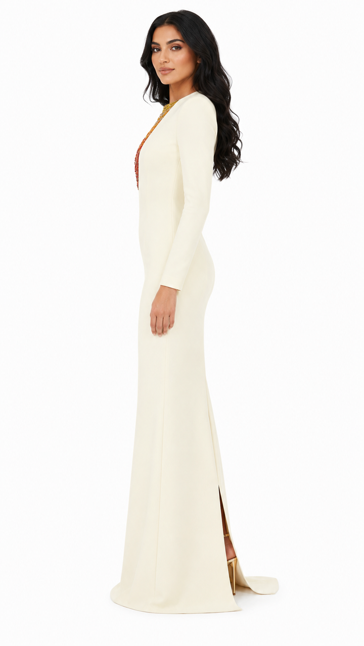 Dreiviertelärmel-Wickelkleid mit Paillettenrevers und Blumenapplikation – ALINA 