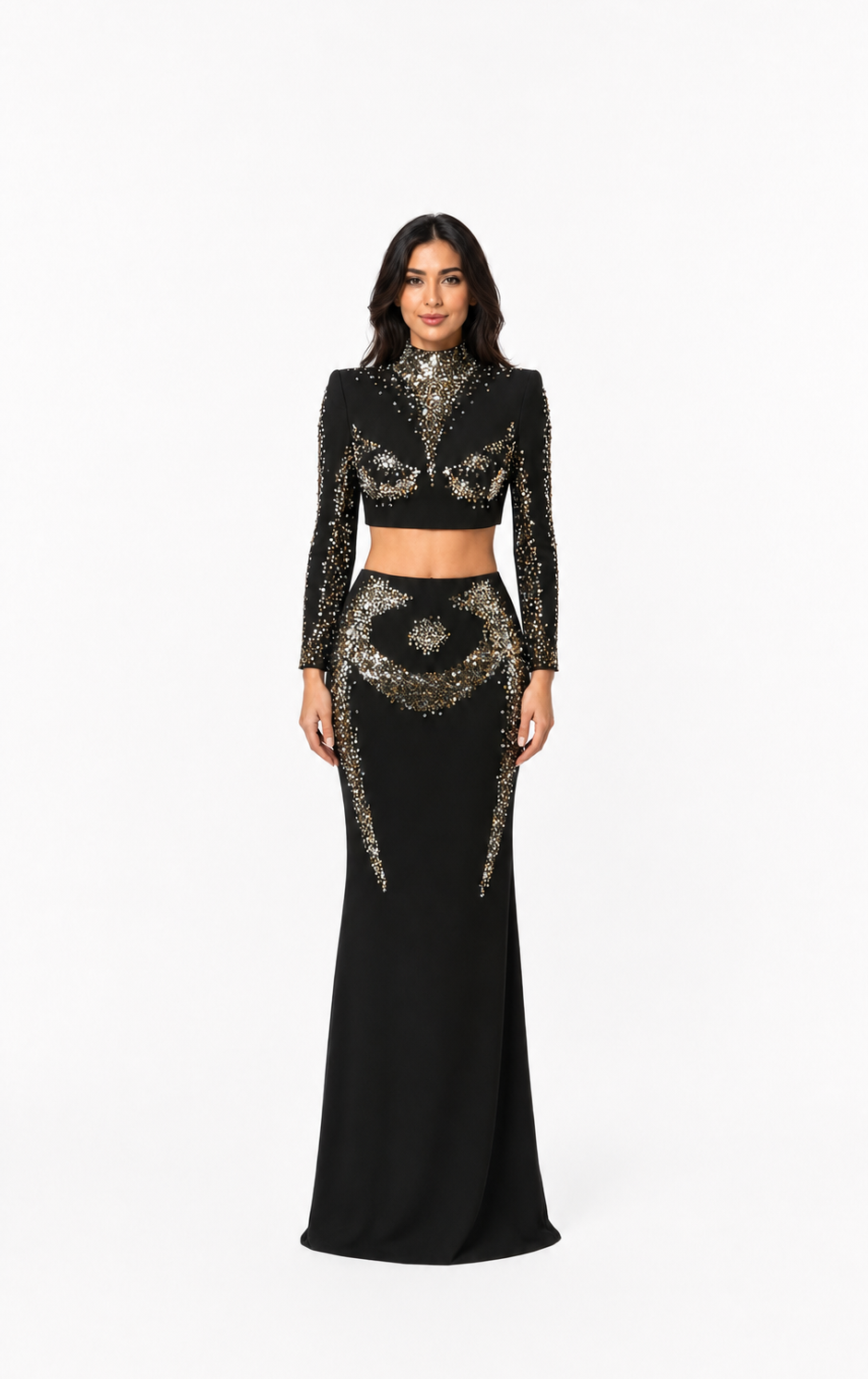 Black Crystal Embellished Two-Piece Evening Set – Elara