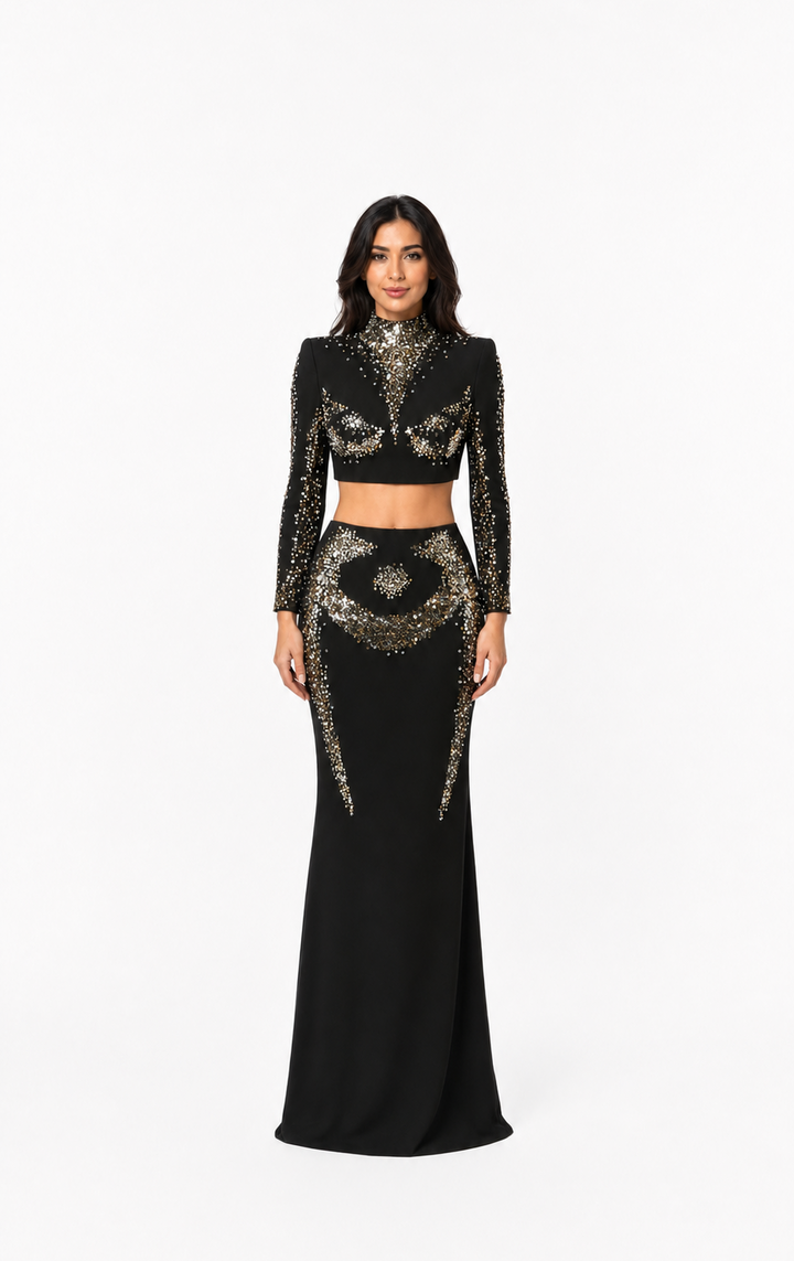 Black Crystal Embellished Two-Piece Evening Set – Elara