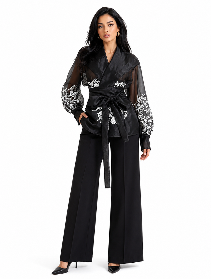 Black Sheer Floral Wrap Blouse – NOIRÉLLE