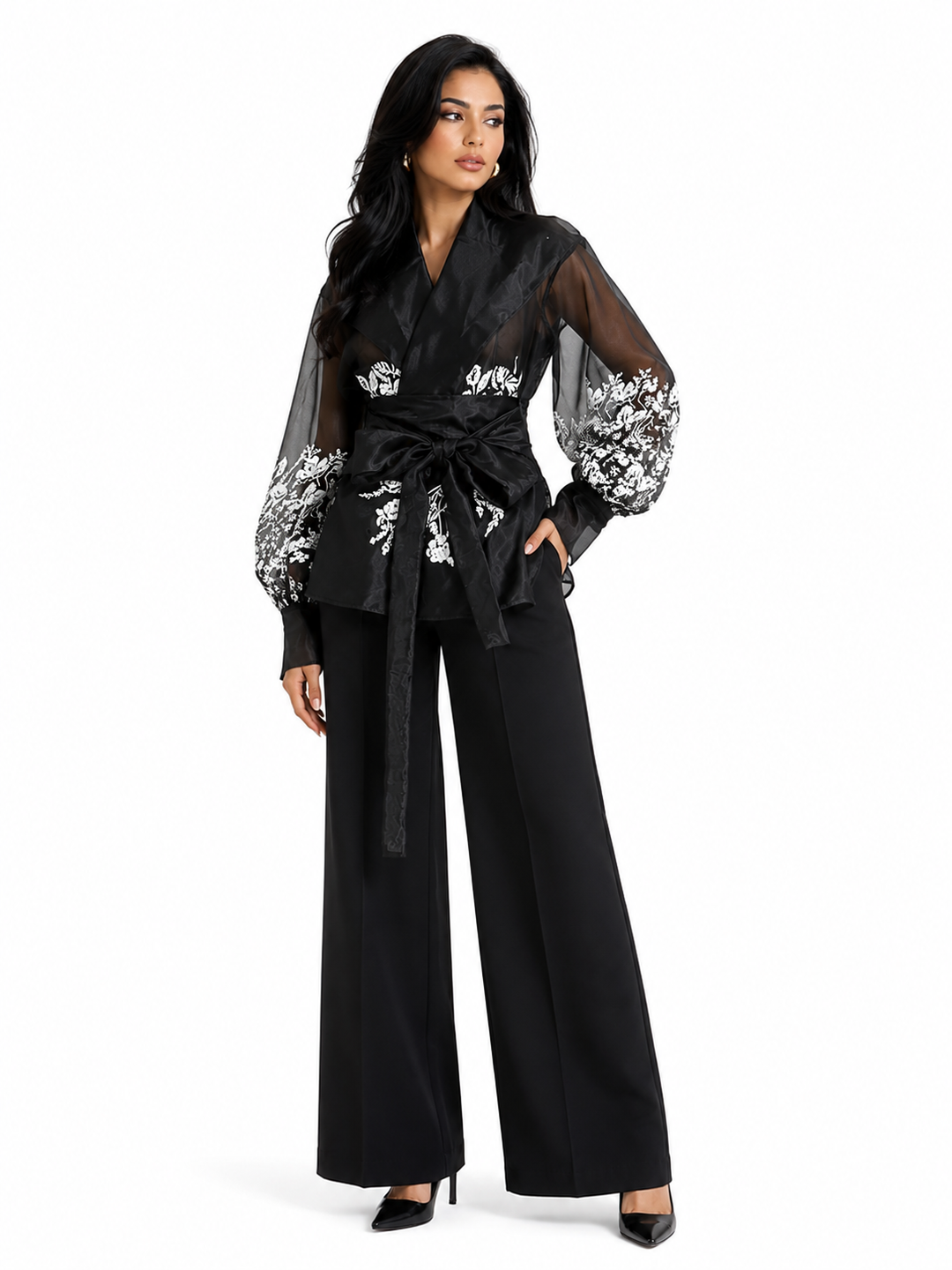 Black Sheer Floral Wrap Blouse – NOIRÉLLE