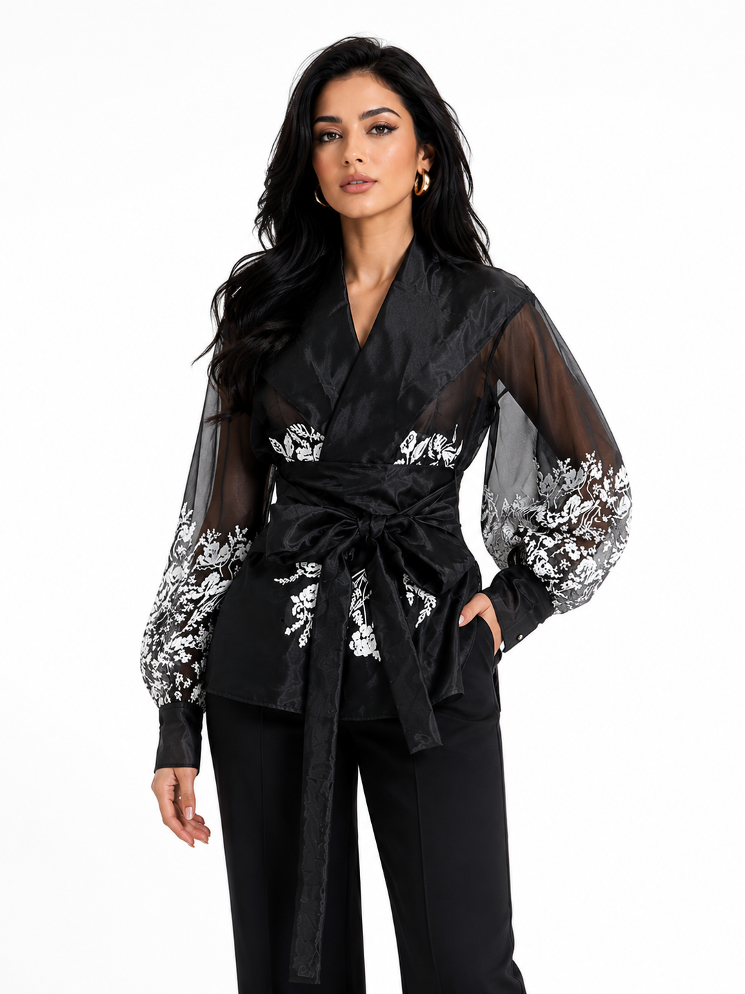 Black Sheer Floral Wrap Blouse – NOIRÉLLE