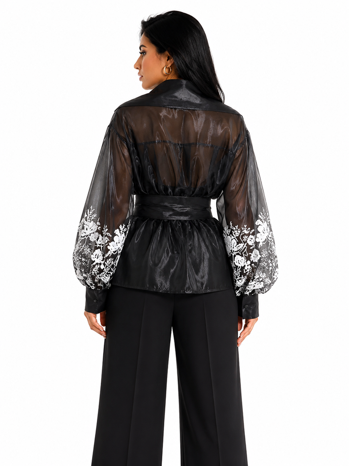 Black Sheer Floral Wrap Blouse – NOIRÉLLE