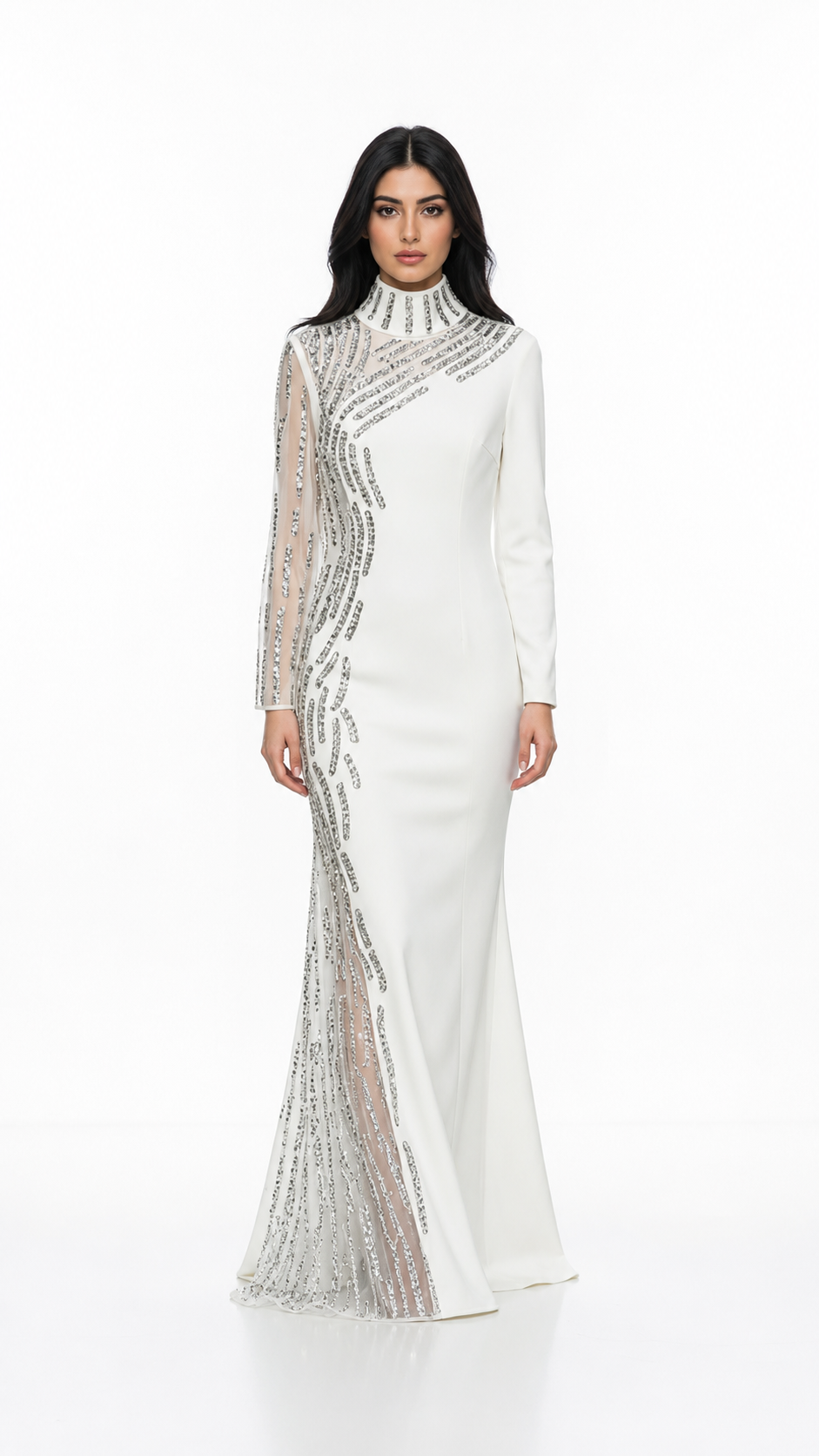 White Embellished High-Neck Evening Gown – Crysts