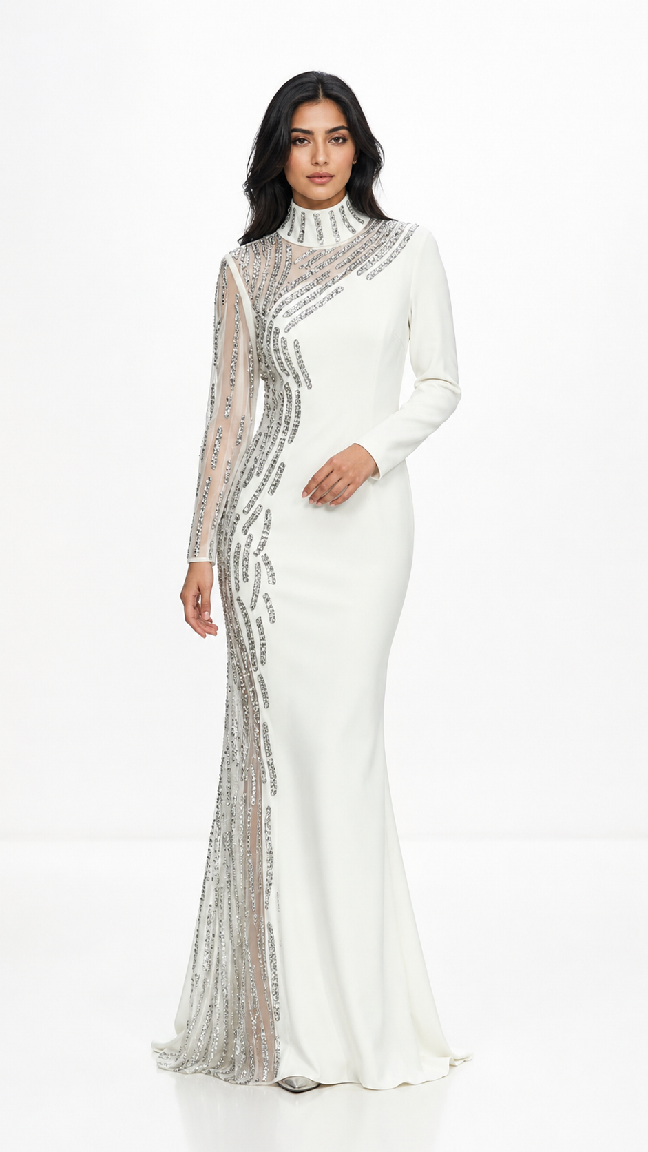 White Embellished High-Neck Evening Gown – Crysts