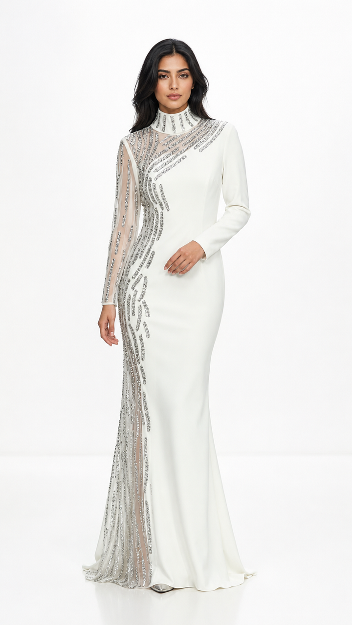 White Embellished High-Neck Evening Gown – Crysts