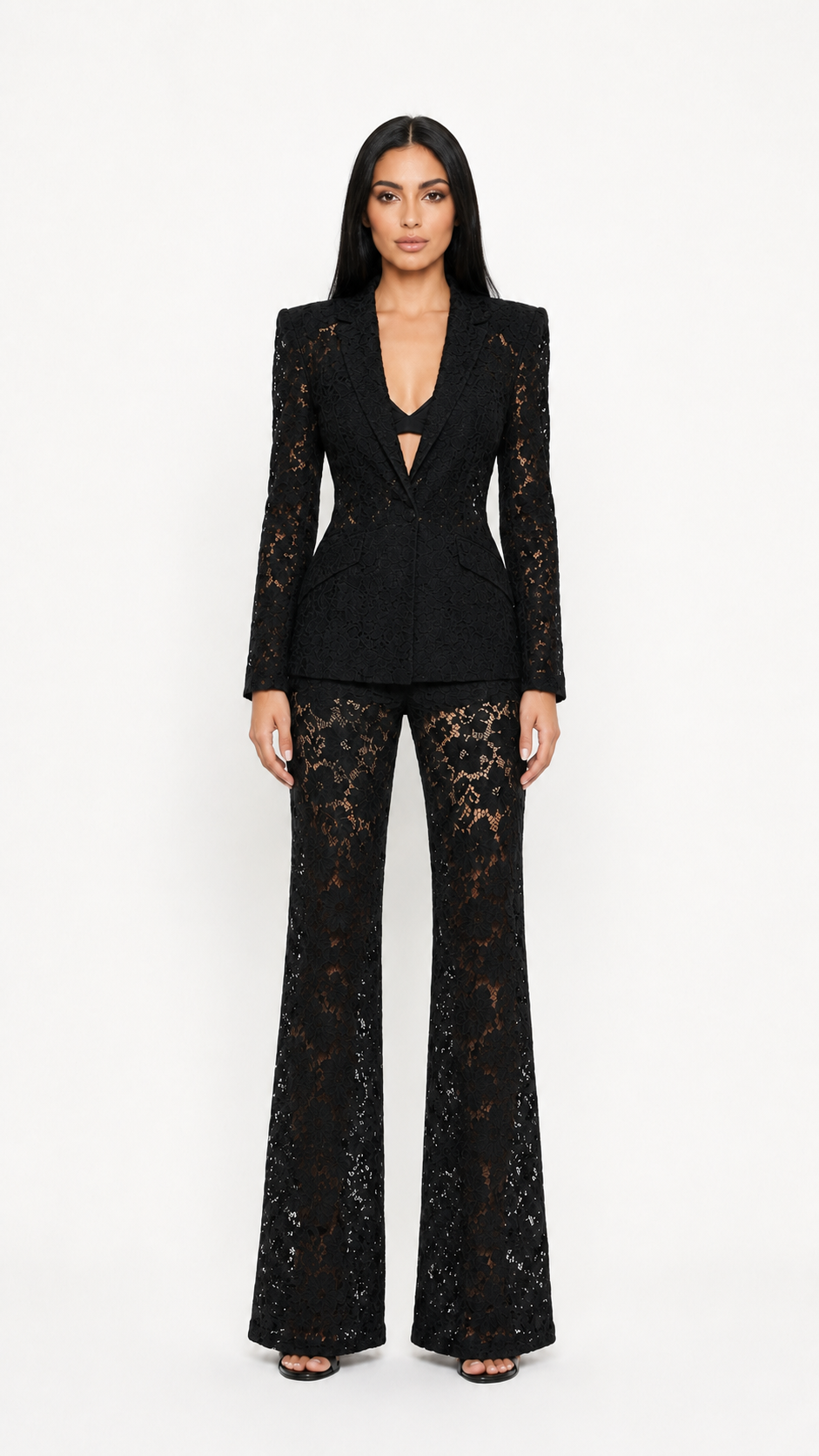 Black Lace Tailored Blazer & Wide-Leg Pants Set – ZARA