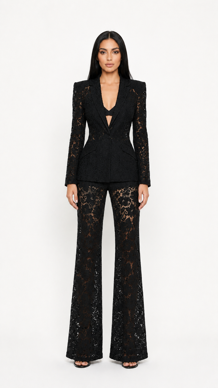 Black Lace Tailored Blazer & Wide-Leg Pants Set – ZARA