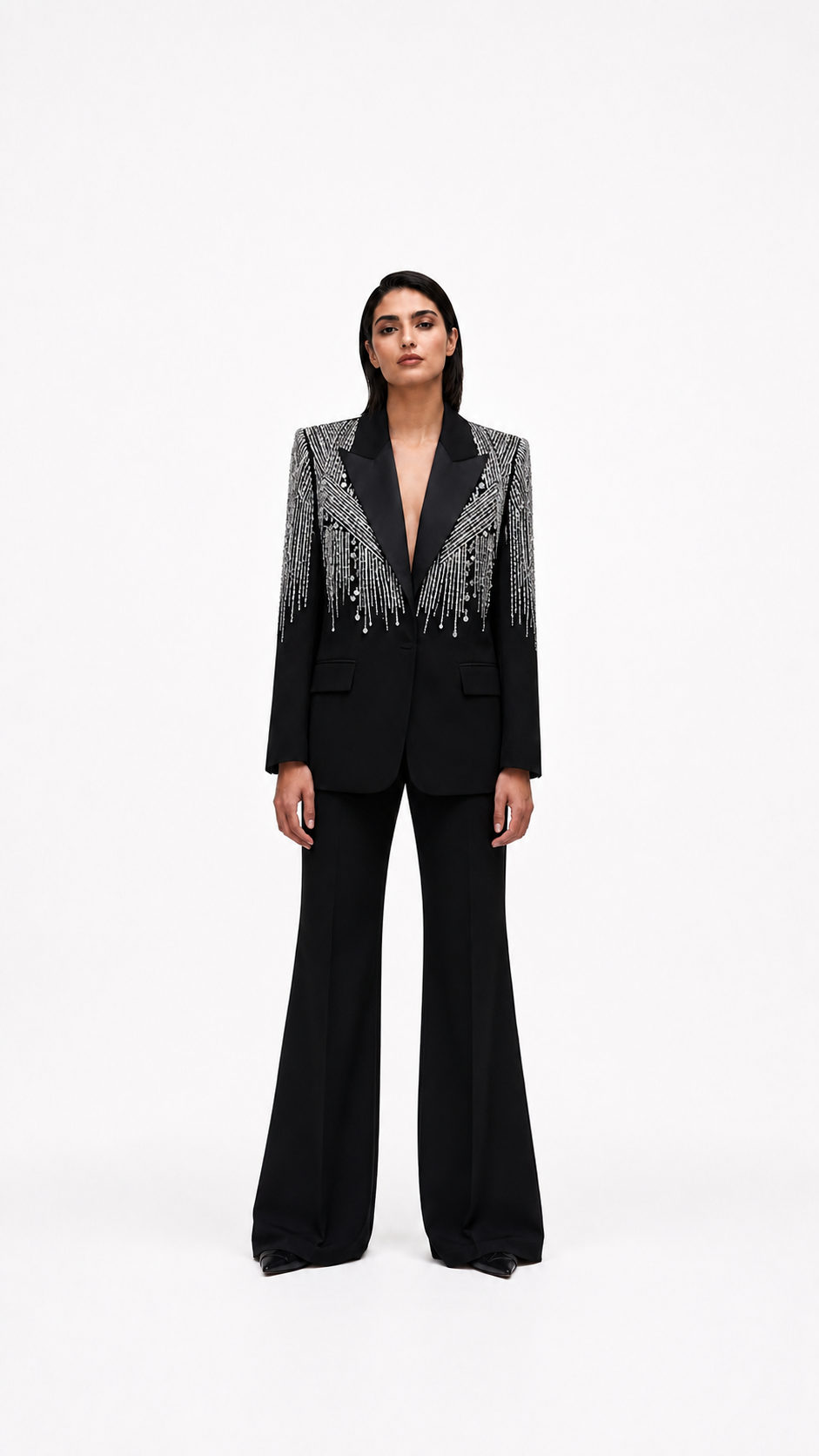 White Sequin Embellished Blazer & Wide-Leg Pants Suit Set – NOVA
