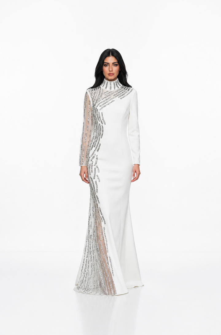White Embellished High-Neck Evening Gown – Crysts
