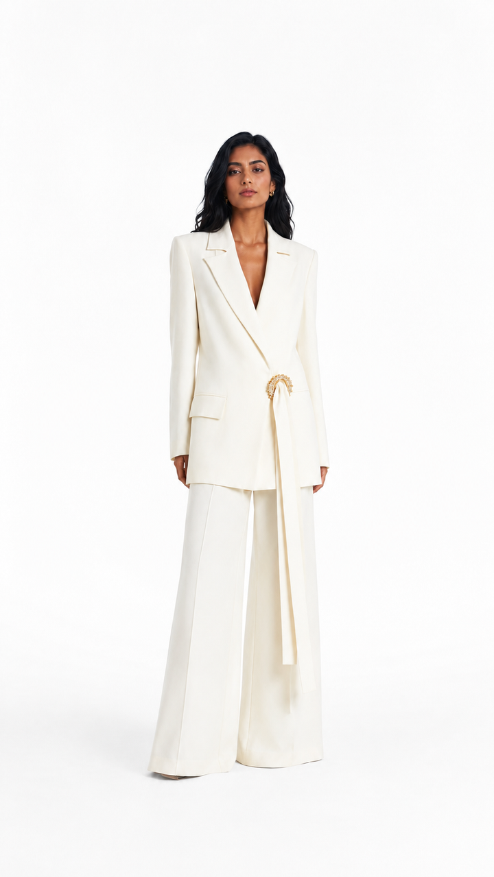 Ivory Draped Buckle Blazer & Wide-Leg Pants Suit Set – ARIA