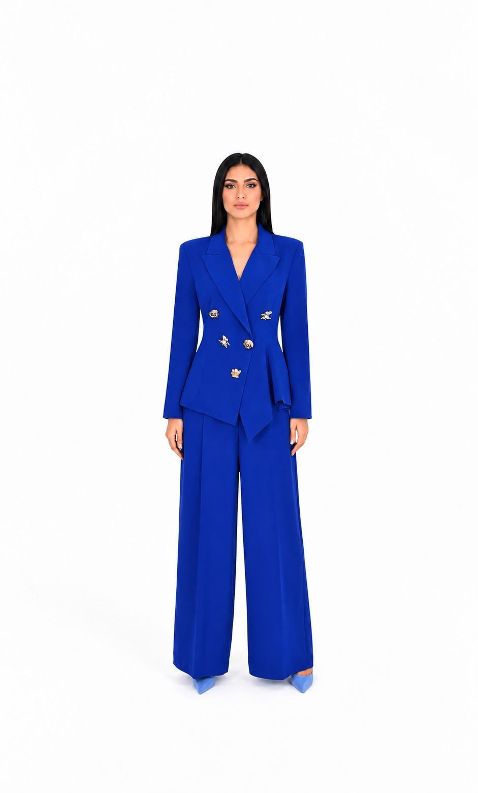 Royal Blue Embellished Asymmetric Blazer & Wide-Leg Pants Set – ELARA