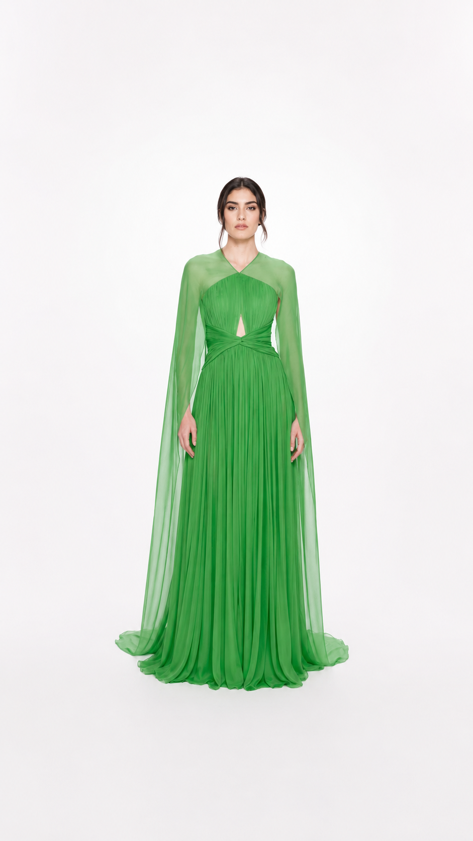 Emerald Pleated Cape Sleeve Evening Gown – CELESTE