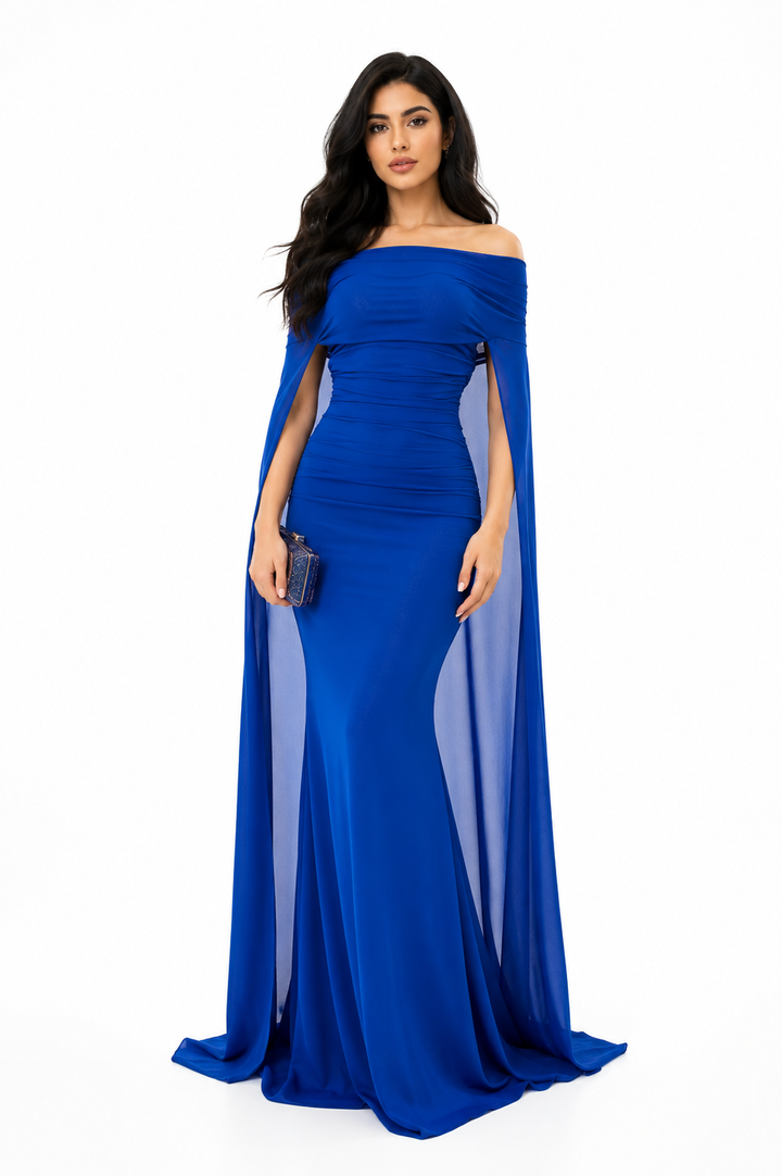 off-shoulder draped cape gown – Noral