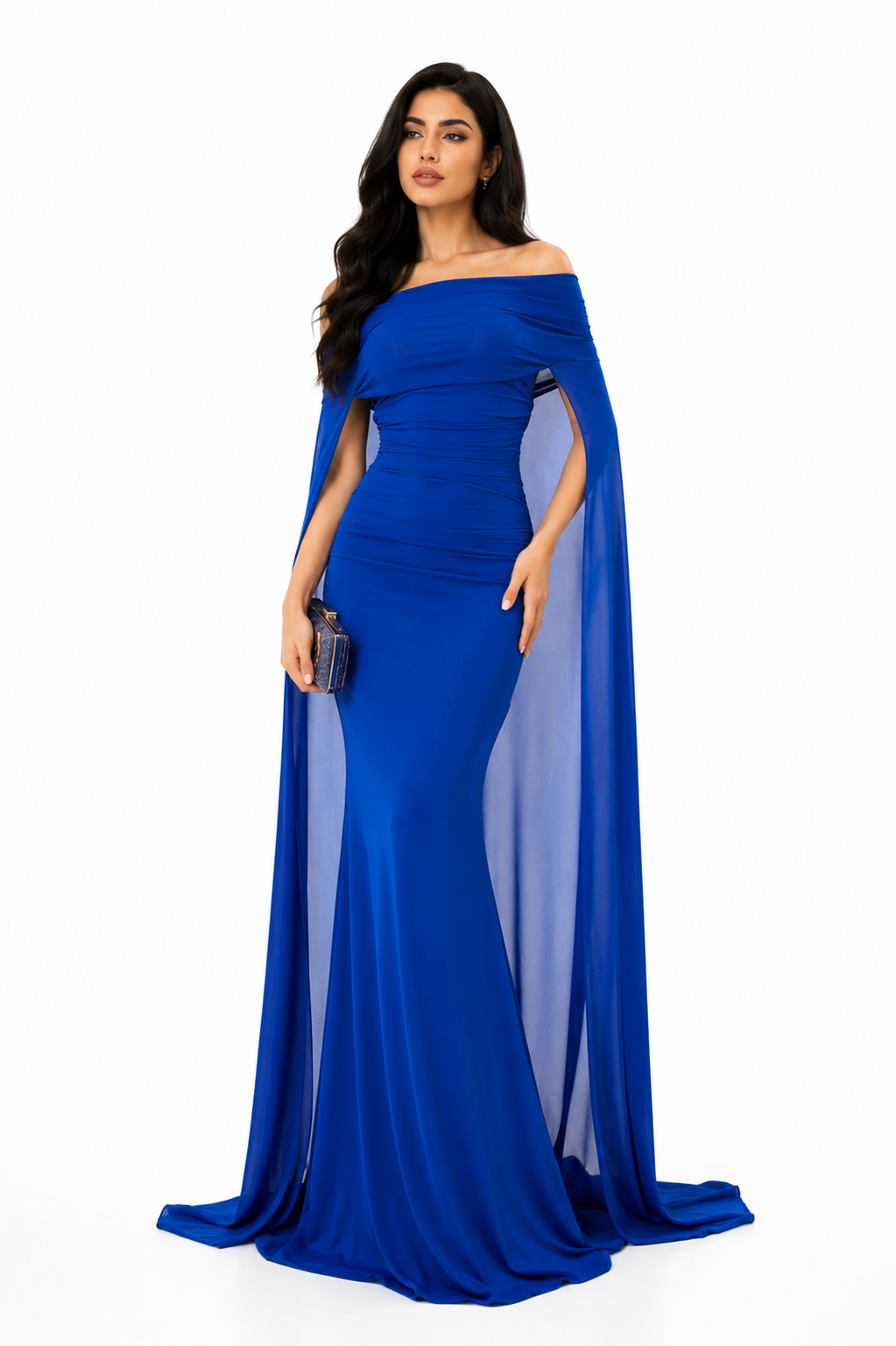 off-shoulder draped cape gown – Noral