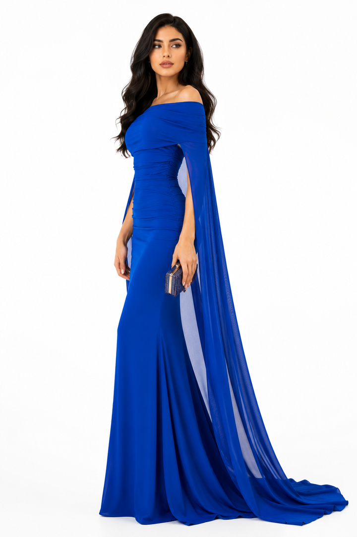 off-shoulder draped cape gown – Noral