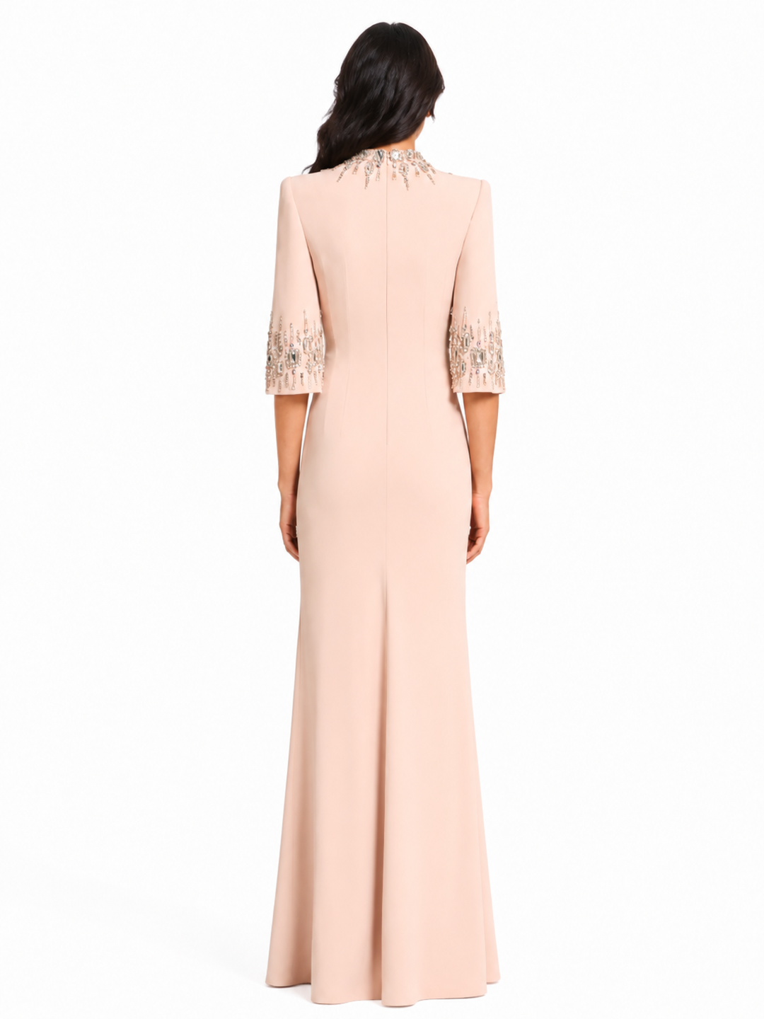 Embellished Neckline and Cuff Column Evening Dress – BLUSH