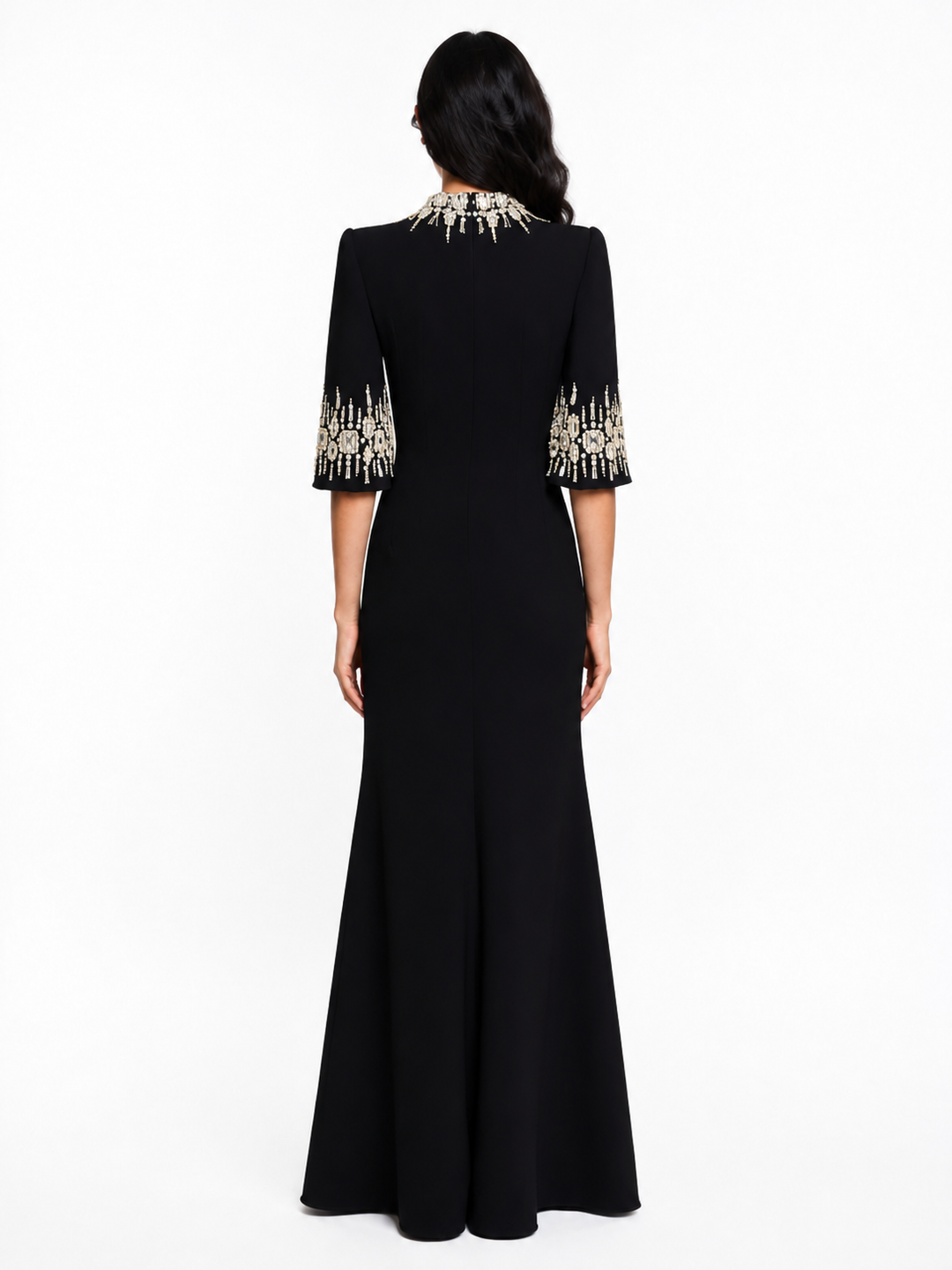 Embellished Neckline and Cuff Column Evening Dress – BLUSH