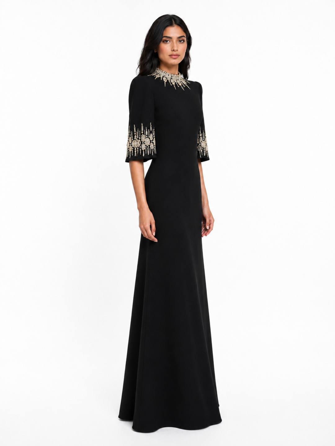 Embellished Neckline and Cuff Column Evening Dress – BLUSH