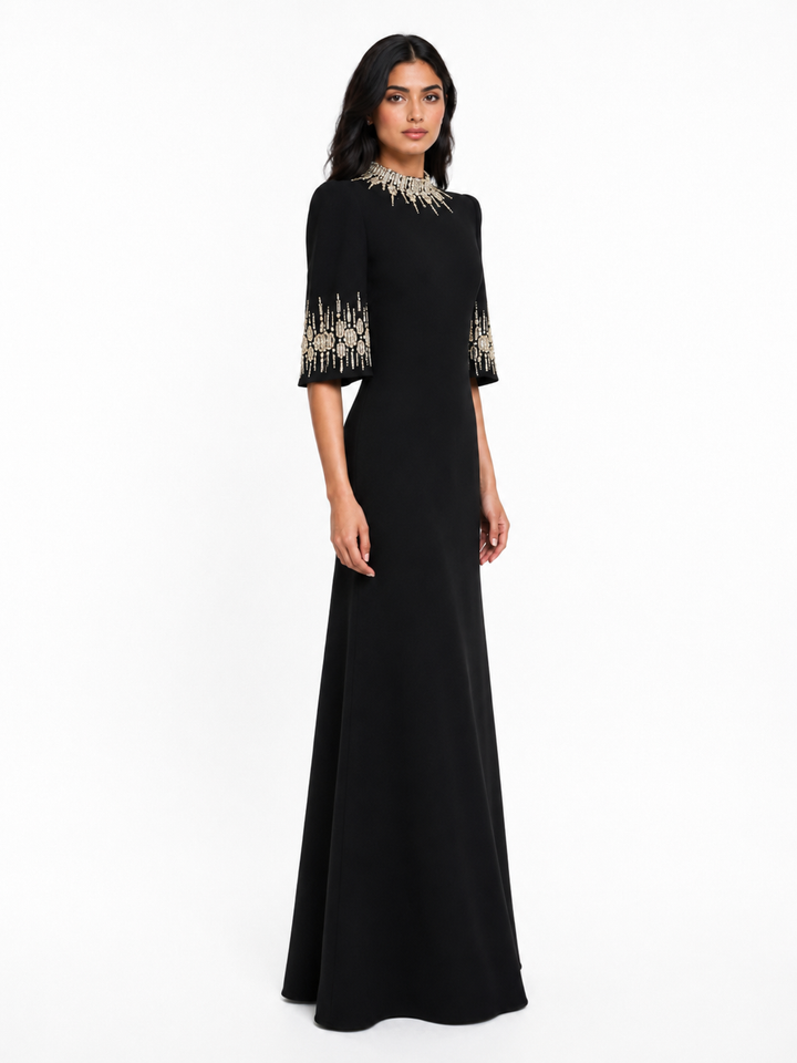 Embellished Neckline and Cuff Column Evening Dress – BLUSH